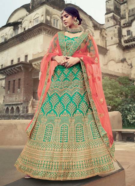 Green Colour Exclusive Bridal Wedding Wear Satin Heavy Embroidery With Stone Work Lehenga Choli Collection 4501